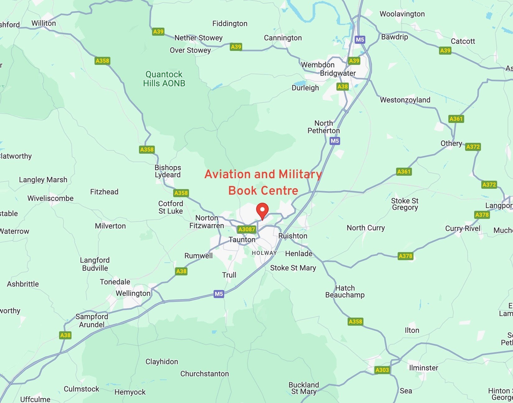 Google Map of Taunton and surroundings with Aviation Book Centre marked with a flag
